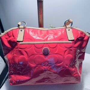 COACH Poppy Patent Tote Shoulder Bag – Pink with Tan Trim